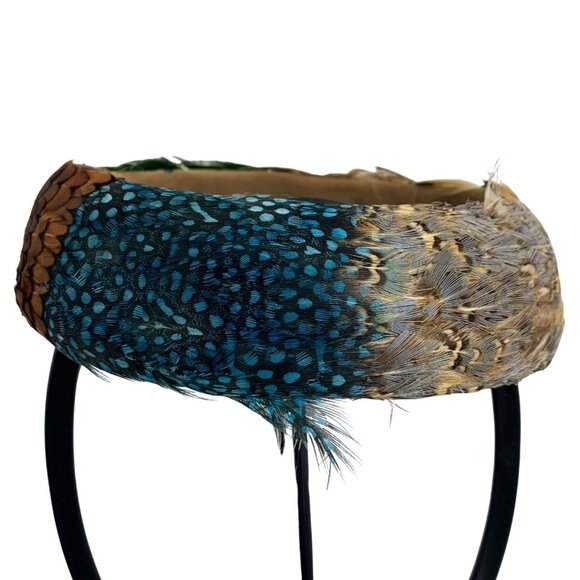 Vibrant Multicolor Pheasant Peacock Feathered Halo Wreath Band Church Derby Hat - Picture 2 of 10